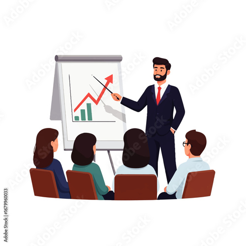 Confident businessman presents upward trending graph to attentive colleagues during a positive business meeting.