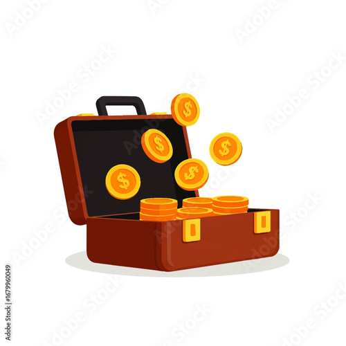 Gold coins spill from an overflowing briefcase, symbolizing financial success and abundance.