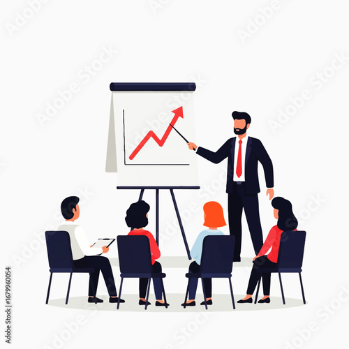 A confident businessman presents a positive growth graph to his attentive team during a productive business meeting.