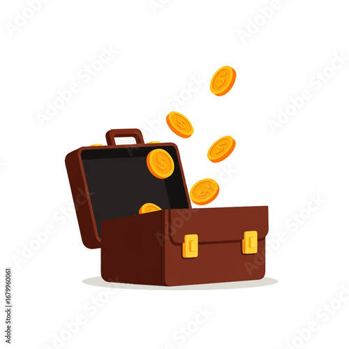 Gold coins spill from an open brown briefcase against a white background, symbolizing financial success and abundance.