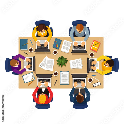 A team of six diverse professionals collaboratively work on laptops around a large table, showcasing focused teamwork and modern office dynamics.