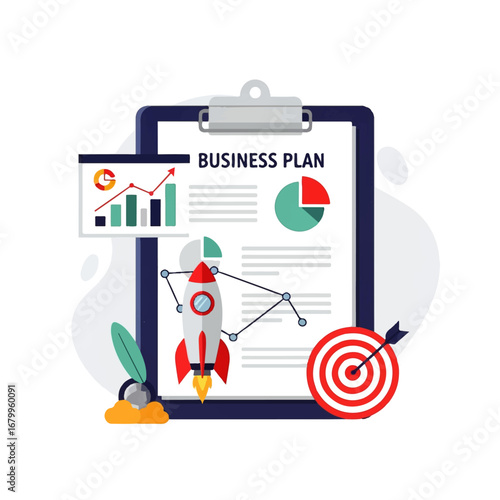 A rocket launching from a business plan document, symbolizing ambitious growth and strategic planning amidst data charts and a target arrow.
