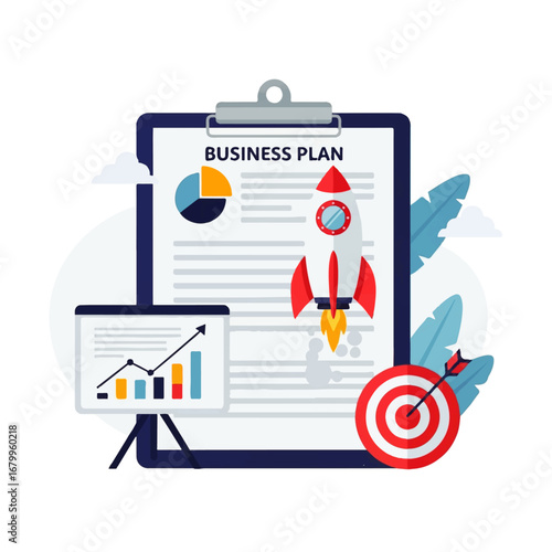 A rocket launching from a business plan document, symbolizing ambitious growth and strategic success amidst supportive charts and targets.
