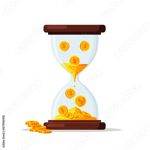 Gold coins flow through an hourglass, symbolizing the passage of time and the fleeting nature of wealth.