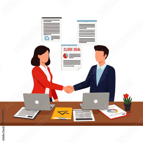 Two businesspeople shake hands across a desk, finalizing a deal amidst documents and laptops, signifying successful partnership.