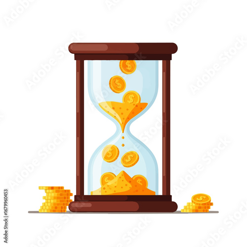 Gold coins flow through an hourglass, symbolizing the passage of time and the ephemeral nature of wealth.