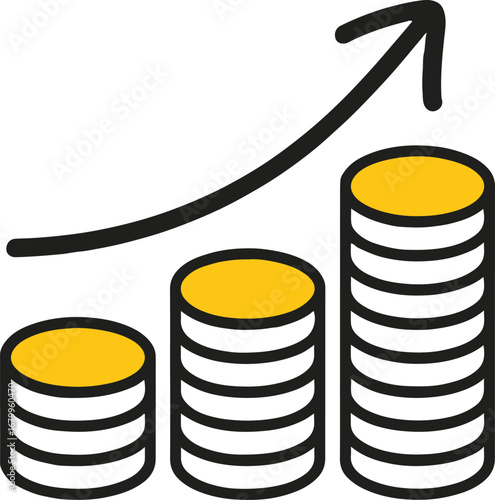 Illustration of coins stacked in increasing order with an upward arrow, representing financial growth, investment success, and economic progress in a simple and minimal style