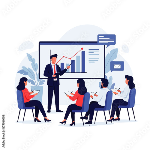 Confident businessman presents upward trending graph data to attentive colleagues during a modern office meeting.