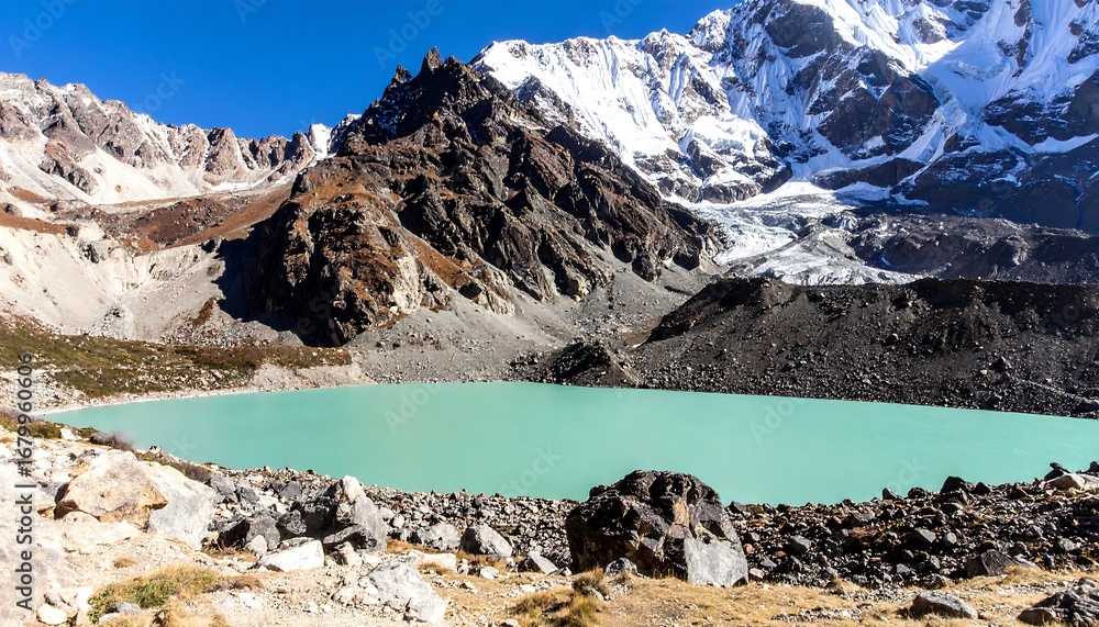 Obraz premium Serene turquoise glacial lake surrounded by snow-capped Himalayan mountains