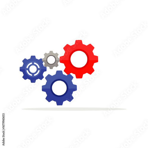 Interlocking red, blue, and gray gears rotate smoothly against a white background, symbolizing teamwork and seamless collaboration.