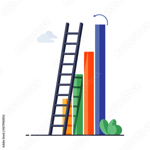 A ladder leans against a colorful bar graph, symbolizing upward mobility and the pursuit of ambitious goals.