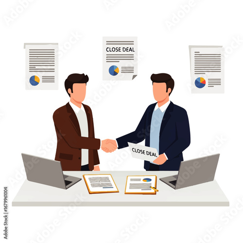 Two businessmen shake hands, finalizing a deal in a modern office setting, signifying success and partnership.