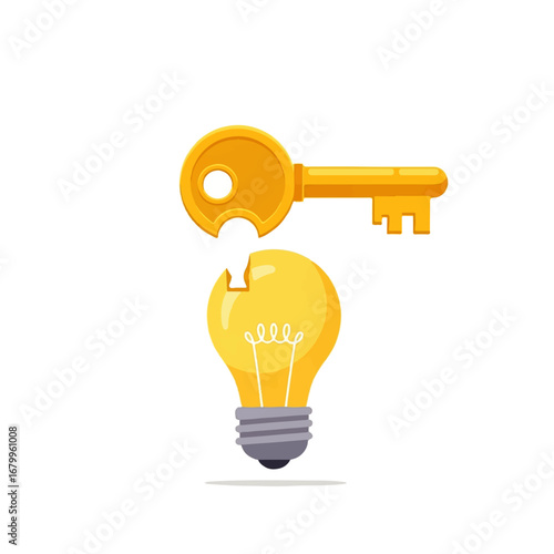 A golden key unlocks a bright lightbulb, symbolizing innovative solutions and creative breakthroughs.