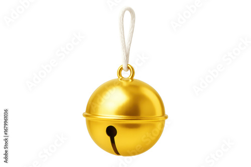 Golden Jingle Bell Hanging on White String with Transparent Background