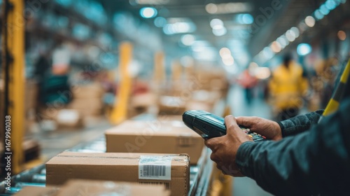 Medium shot capturing a staff member scanning barcode labels on returned goods with the busy warehouse background softly out of focus to stress scanning accuracy.