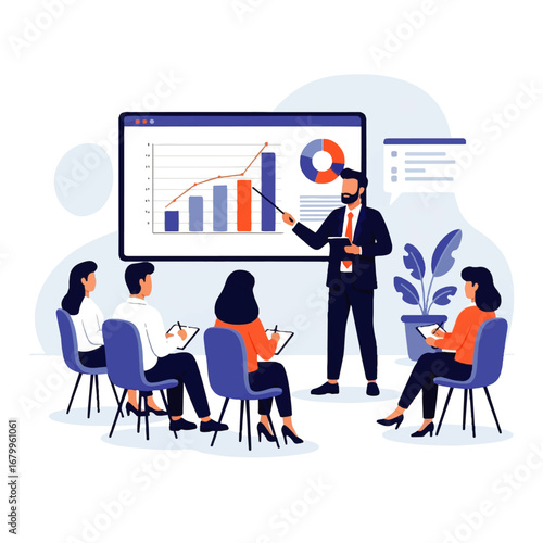 A confident businessman presents a positive growth chart to attentive colleagues during a productive office meeting.