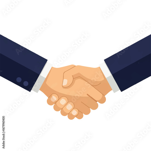 Two businessmen firmly shake hands, symbolizing a successful deal and partnership against a clean white background.