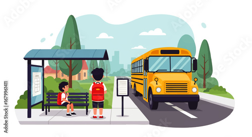 Two schoolboys wait patiently at a sunny bus stop, backpacks ready, as a bright yellow school bus approaches on a tree-lined street.