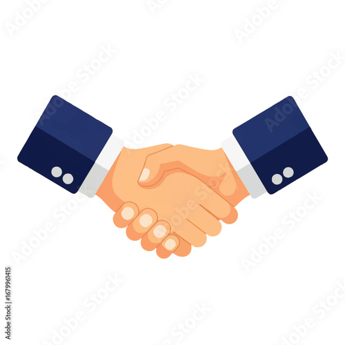 Two businessmen shake hands, signifying a successful deal and partnership against a clean white background.