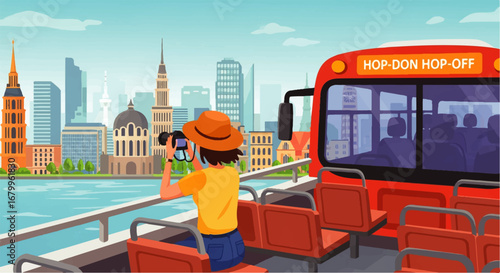 A tourist captures a breathtaking panoramic view of a vibrant cityscape from a hop-on hop-off bus, feeling joyful and free.