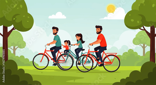 Two dads and their daughters enjoy a joyful bike ride through a sunny park, creating happy family memories.
