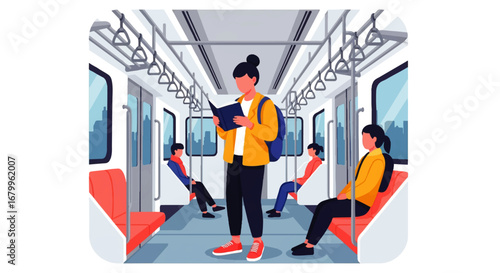 A young woman engrossed in a book stands on a quiet subway car, surrounded by seated commuters, creating a peaceful urban commute scene.