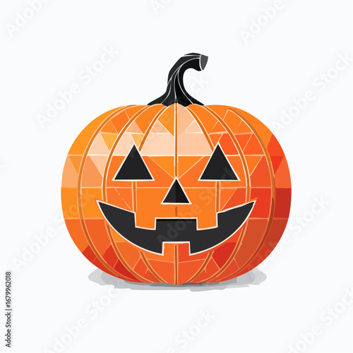 Vibrant low-poly Halloween pumpkin illustration with a carved spooky smile, featuring abstract geometric facets for a modern festive season design element