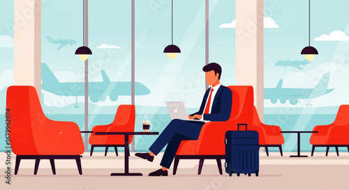 A businessman works on his laptop in a comfortable airport lounge, sipping coffee while airplanes taxi on the runway outside.