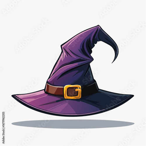 Detailed vector illustration of a magical purple sorceress hat with a golden buckle, an iconic fantasy accessory for Halloween