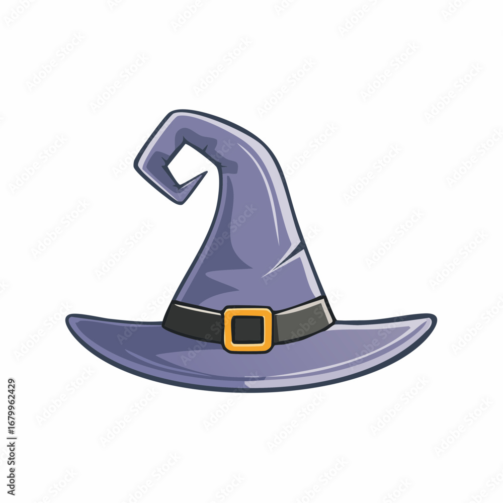 Naklejka premium Charming cartoon drawing of a magical pointed purple hat with a golden buckle, evoking themes of fantasy, spells, and enchanting Halloween celebrations