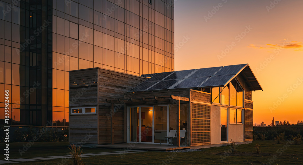 Obraz premium Modern Solar House with Wooden Design at Golden Hour