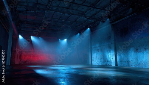 Dark warehouse interior with blue and red lighting, smoky atmosphere