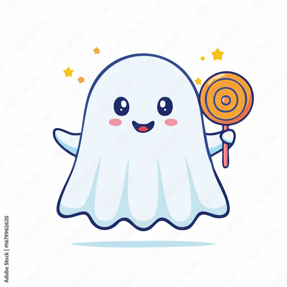 Obraz premium Adorable ghostly character waving hello while holding a big orange swirl lollipop. A cute and friendly Halloween mascot in a vector cartoon illustration style