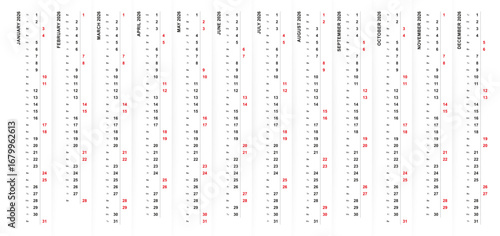 2026 vertical calendar design, Saturday and Sunday selected in different color and row.