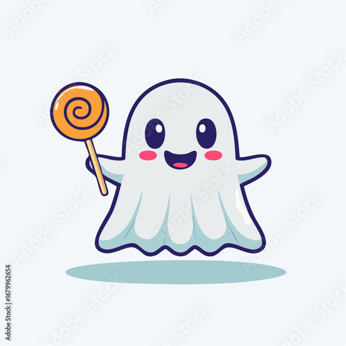 Cute Ghost Character Holding Lollipop Candy for Halloween Celebration