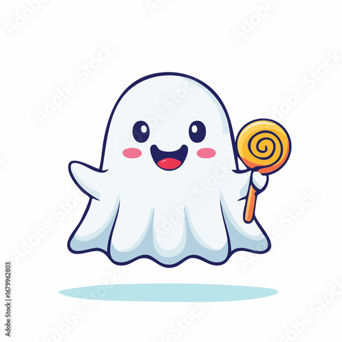 A cheerful and cute ghost character happily waving while holding a sweet swirl lollipop. This kawaii Halloween mascot is designed as a cartoon vector icon illustration, isolated on a white background