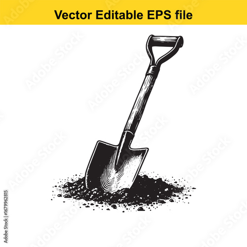 Shovel digging into dirt, isolated on white background