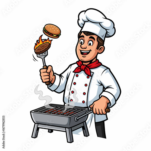 A smiling cartoon chef in uniform grilling a flaming hamburger patty on a barbecue.