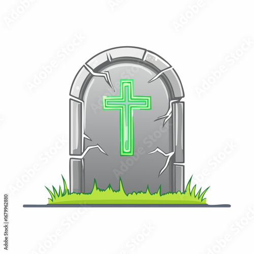 A Stone Tombstone with a Glowing Green Cross on a Grassy Mound