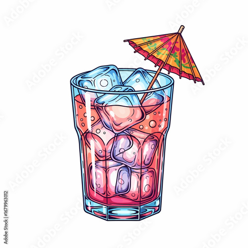 A hand-drawn illustration of a refreshing pink cocktail in a glass with ice cubes and a decorative paper umbrella.