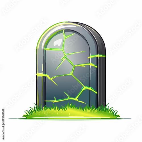 Enigmatic cracked tombstone radiating an eerie green glow, standing on a vibrant patch of grass, a mysterious symbol of decay and otherworldly energy