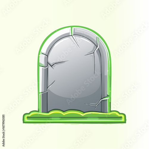 Vector illustration of a cartoon tombstone with a spooky green neon glow. Old cracked gravestone icon for Halloween or a video game