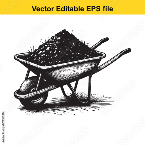 Black and white illustration of a wheelbarrow filled with soil, isolated on white background