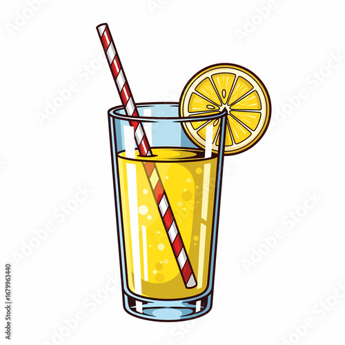 A vibrant cartoon illustration of a tall glass of lemonade, garnished with a lemon slice and a striped straw.