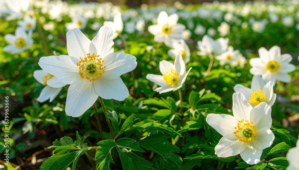 Obraz premium A field of vibrant white flowers bursts with spring life, showcasing delicate blooms and lush greenery.