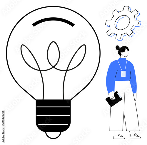 Woman holding a document near oversized light bulb and gear. Ideal for creativity, innovation, brainstorming, teamwork, problem-solving, productivity, personal growth. Simple flat metaphor