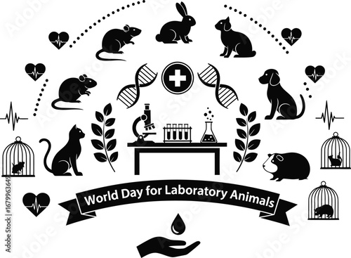 World Day for Laboratory Animals: Iconography of research animals and lab equipment.