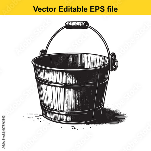 Vintage metal bucket with handle, isolated on white background