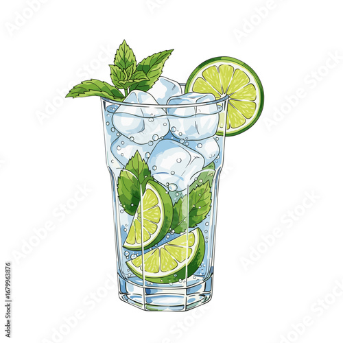 Refreshing mojito cocktail illustration with lime, mint, and ice cubes. A classic summer drink in a glass, isolated on a white background.