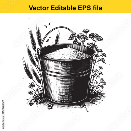 Bucket filled with grain surrounded by wheat and wildflowers, vector illustration